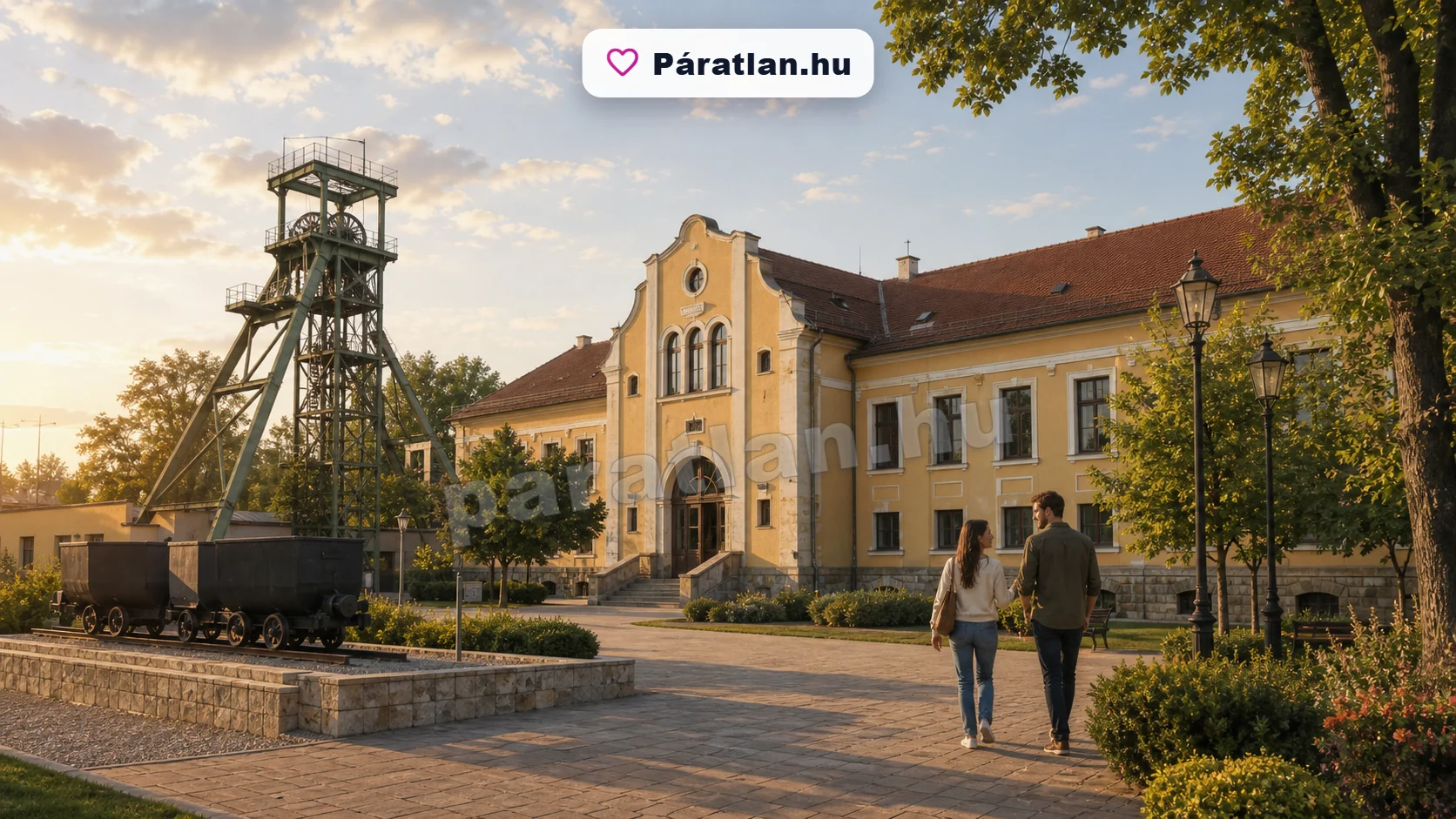 Ajka városi hangulat egy sétáló párral