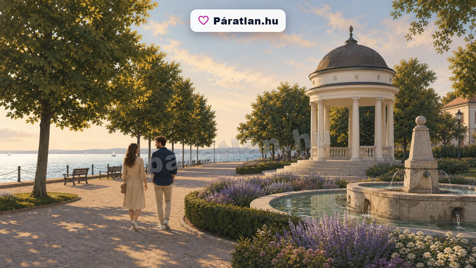 Balatonfüred városi hangulat egy sétáló párral