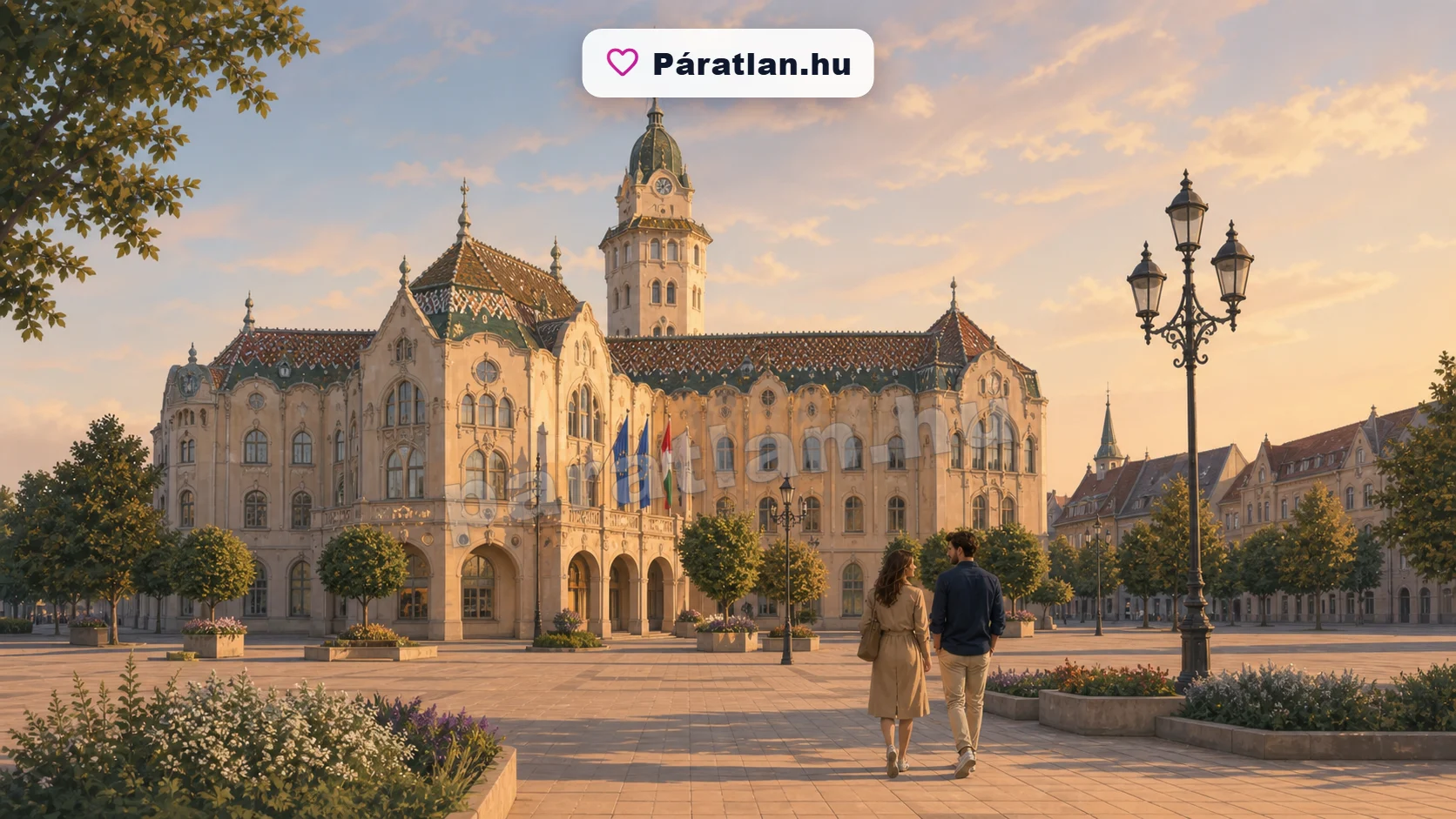 Kecskemét városi hangulat egy sétáló párral