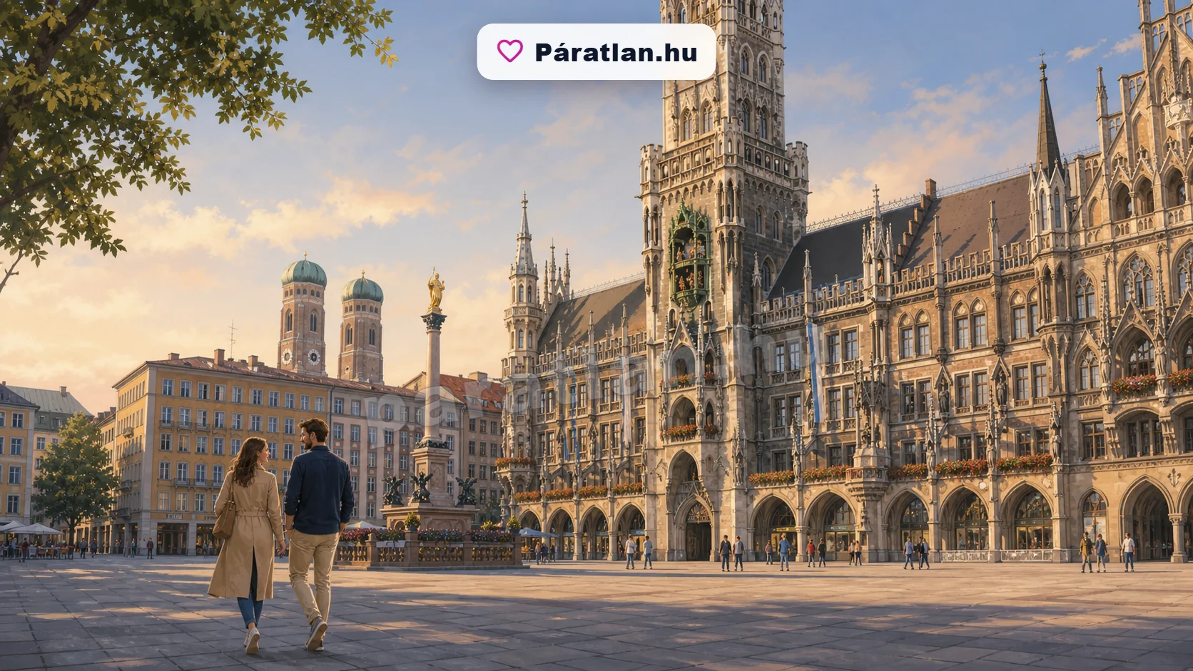 München városi hangulat egy sétáló párral