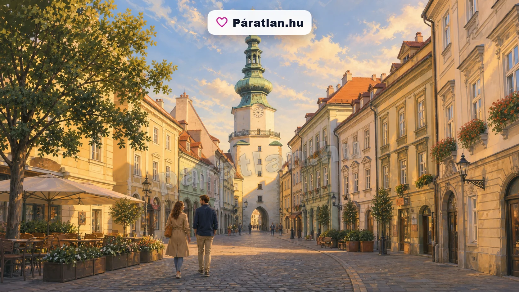 Pozsony városi hangulat egy sétáló párral