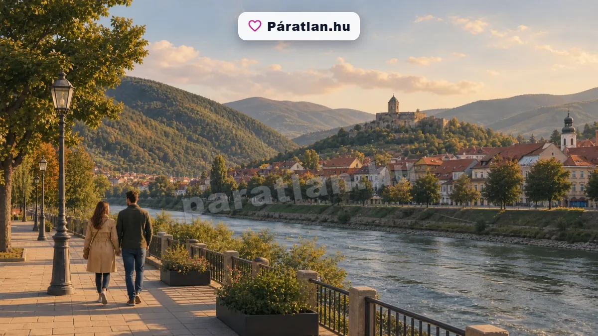 Kárpátaljai folyóvölgy hegyekkel, történelmi városrésszel és egy sétáló párral