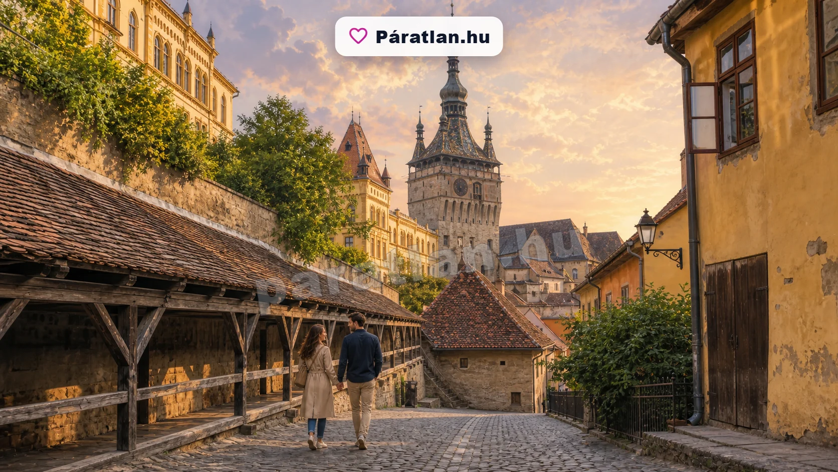 Segesvár városi hangulat egy sétáló párral