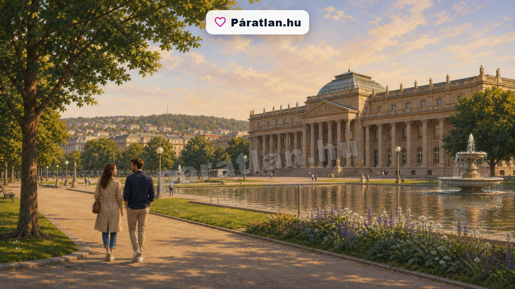 Stuttgart városi hangulat egy sétáló párral